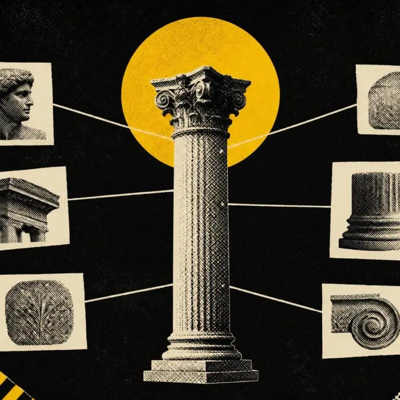 A classical column in front of a yellow sun, with lines out to six supporting cards, on black.