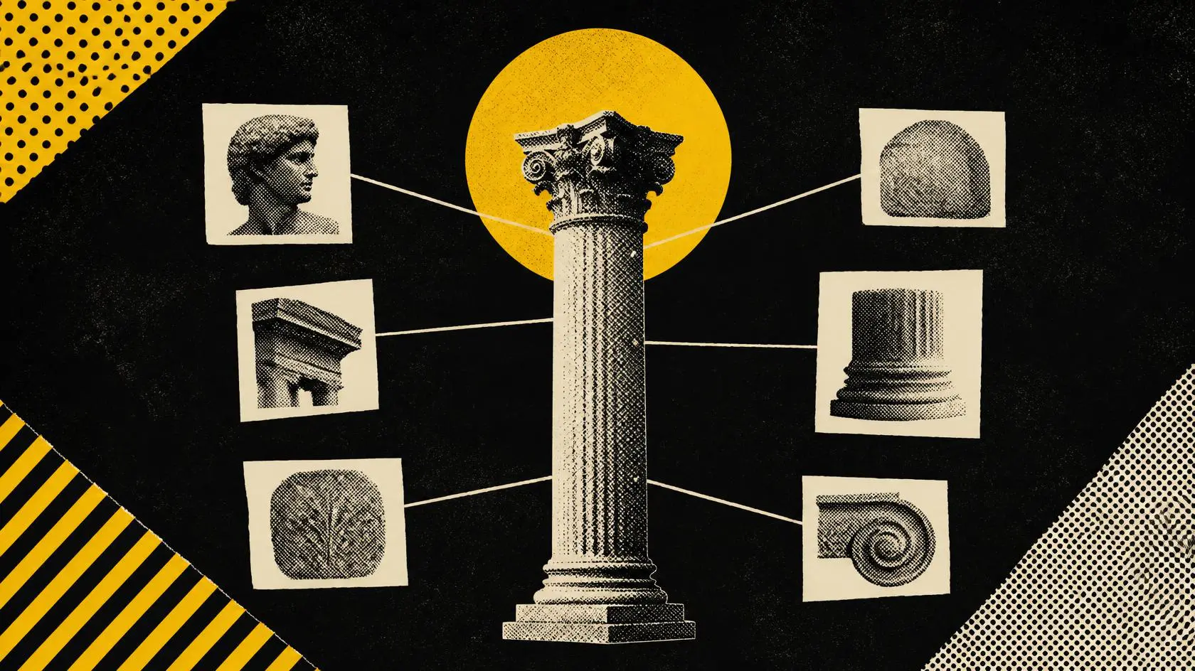 A classical column in front of a yellow sun, with lines out to six supporting cards, on black.
