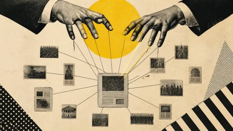 Puppeteer hands pull strings attached to a web of pages that all point at one central page.
