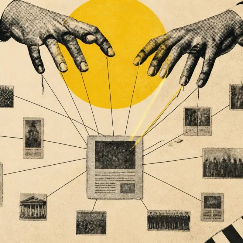 Puppeteer hands pull strings attached to a web of pages that all point at one central page.
