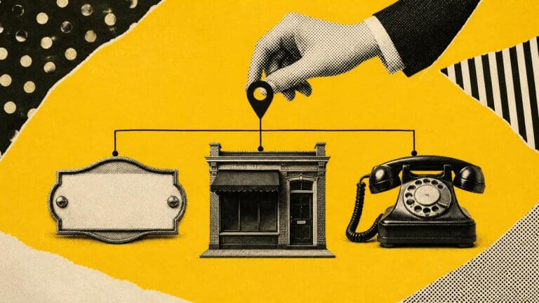 A blank name sign, a shop front and a rotary phone are linked in a row, with a hand placing a map pin, on yellow