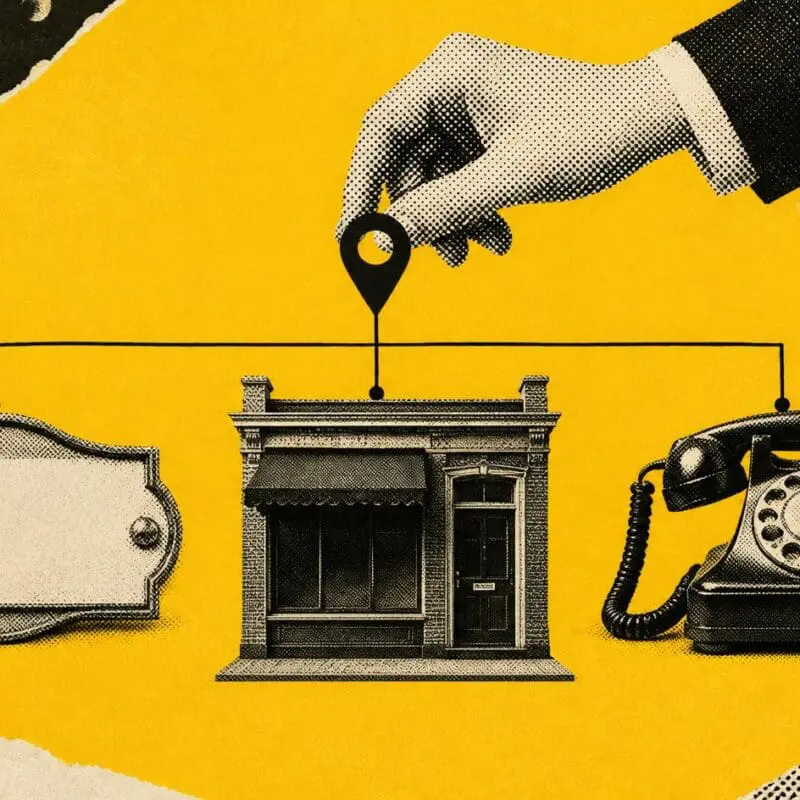 A blank name sign, a shop front and a rotary phone are linked in a row, with a hand placing a map pin, on yellow