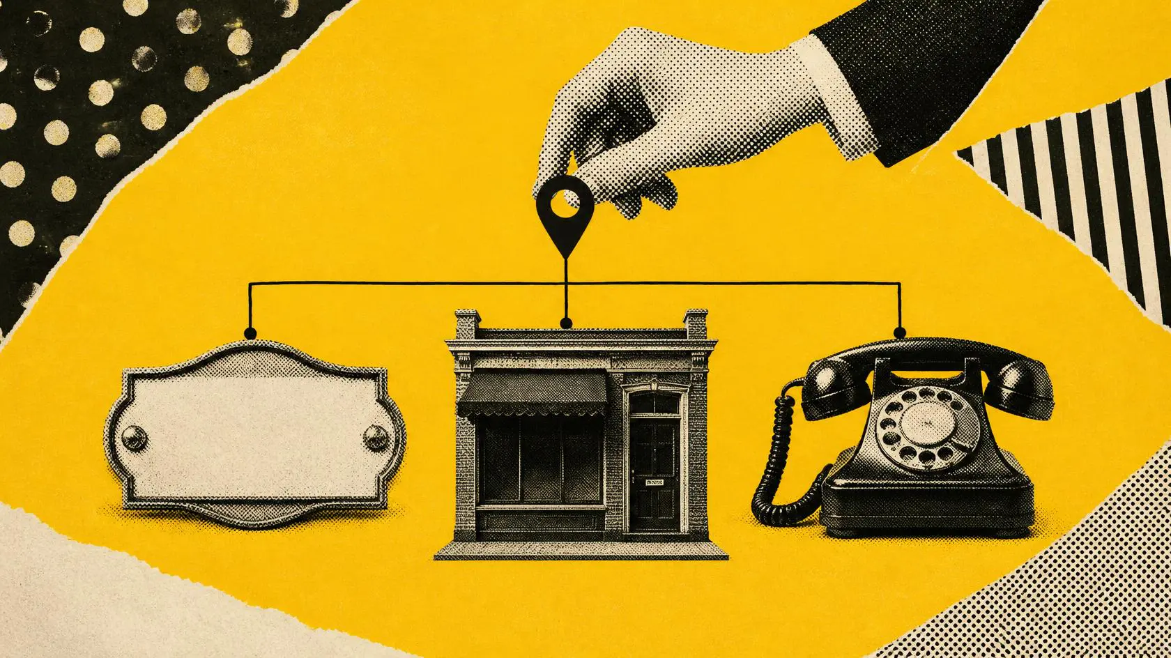A blank name sign, a shop front and a rotary phone are linked in a row, with a hand placing a map pin, on yellow