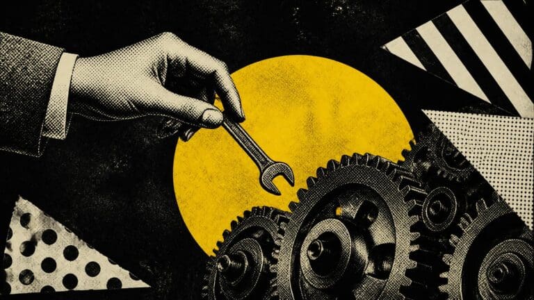 A hand drops a spanner into turning cogs in front of a yellow warning circle, on black.