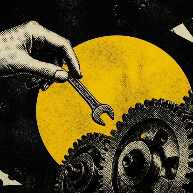 A hand drops a spanner into turning cogs in front of a yellow warning circle, on black.