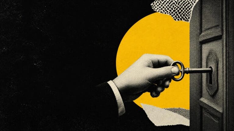 A hand turns an old key in a door against the yellow circle, suggesting unlocking the next stage.