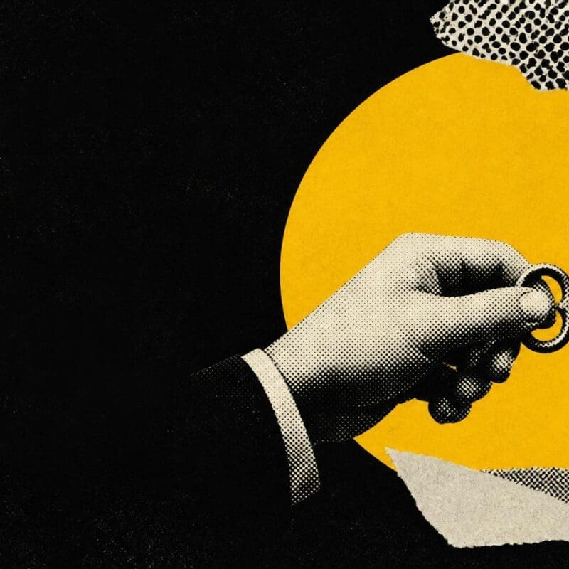 A hand turns an old key in a door against the yellow circle, suggesting unlocking the next stage.