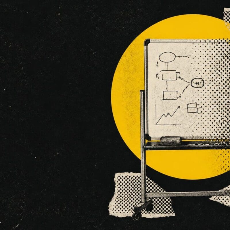 a whiteboard on a stand, covered in strategy scribbles (boxes and arrows, no readable text), set against the yellow halo on the same dark background. The left side of the board is solid and the right side fades out into halftone dots.