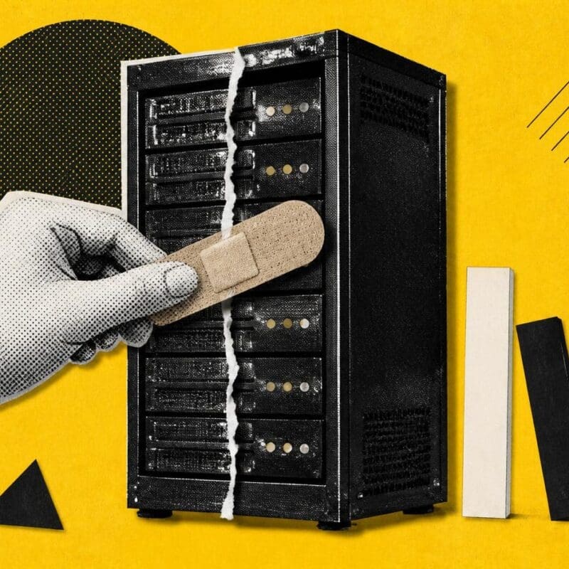A cut-out hand presses a plaster over a crack in a server rack as a paper bar chart topples beside it, on yellow.