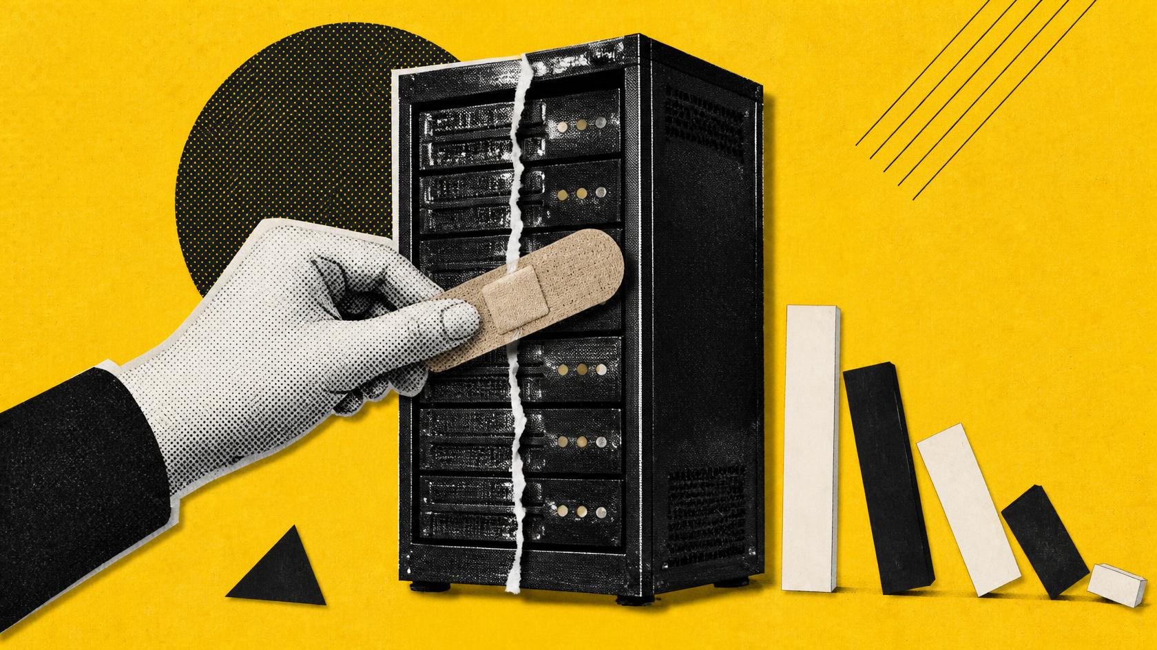 A cut-out hand presses a plaster over a crack in a server rack as a paper bar chart topples beside it, on yellow.