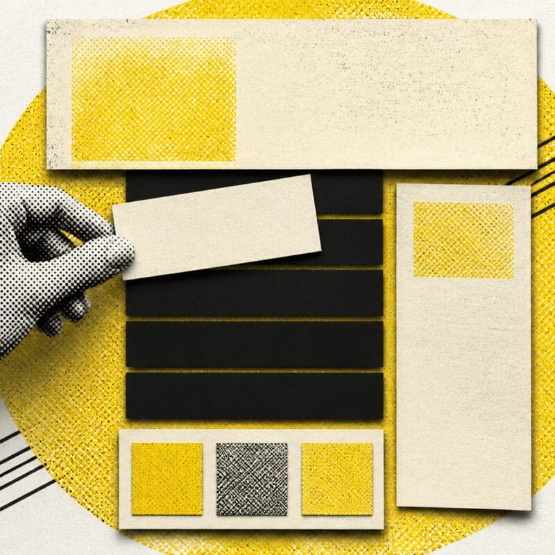 A hand slots a paper card into a layout of panels around a column of results, on cream.