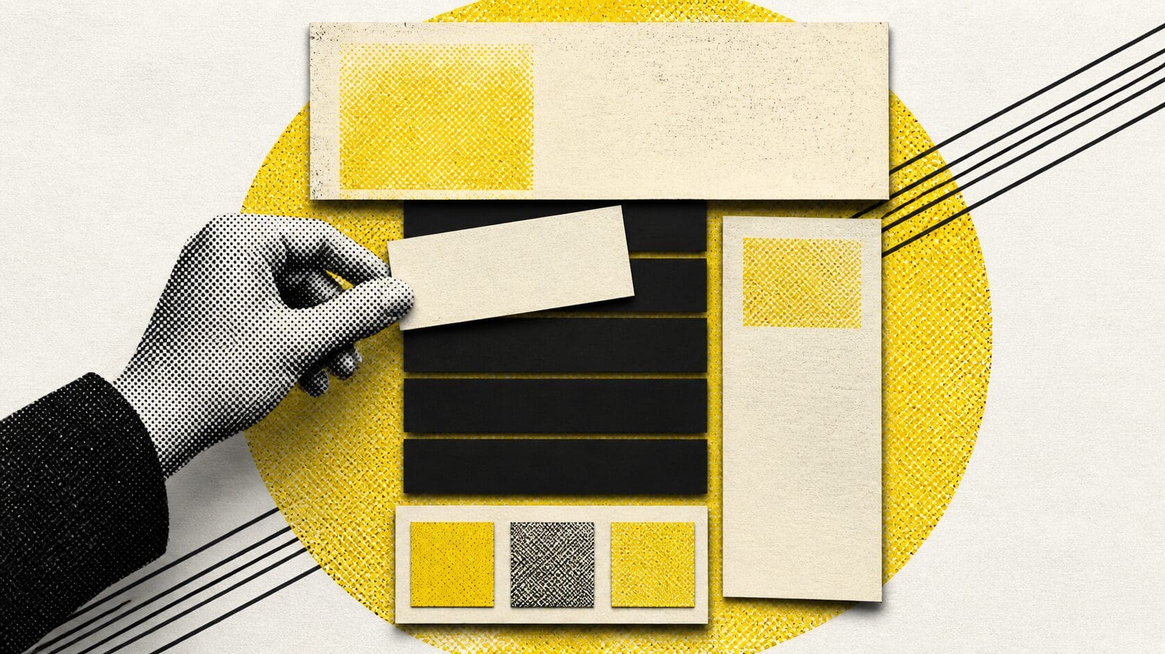 A hand slots a paper card into a layout of panels around a column of results, on cream.