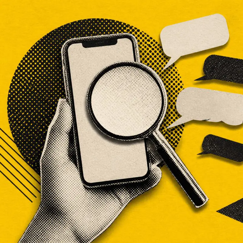 A hand holds a phone under a magnifying glass as speech bubbles float out, on yellow.