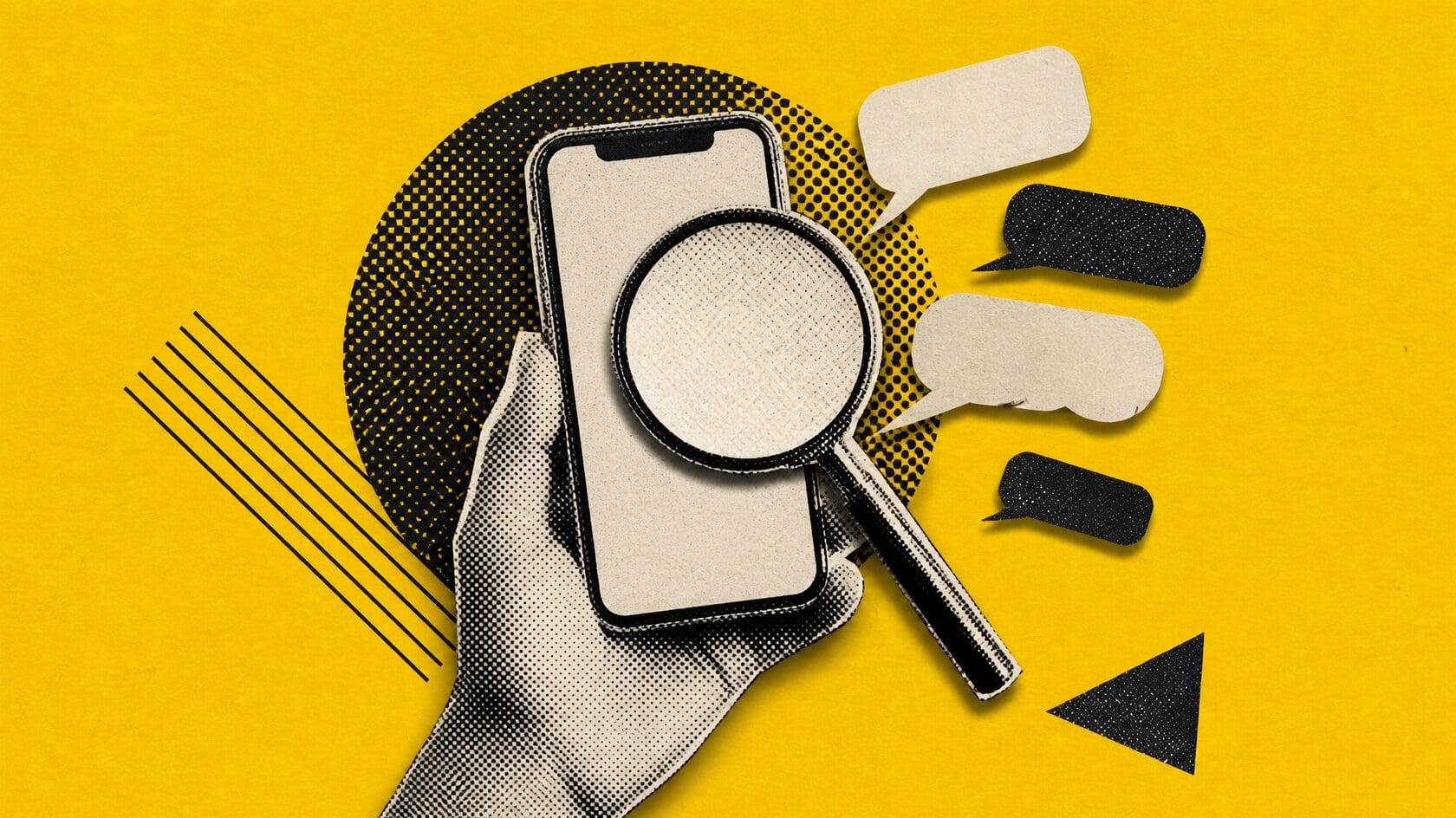 A hand holds a phone under a magnifying glass as speech bubbles float out, on yellow.