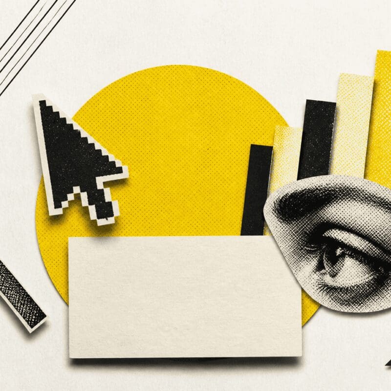 A cursor hovers over a card without clicking as an eye looks on beside rising bars, on cream.