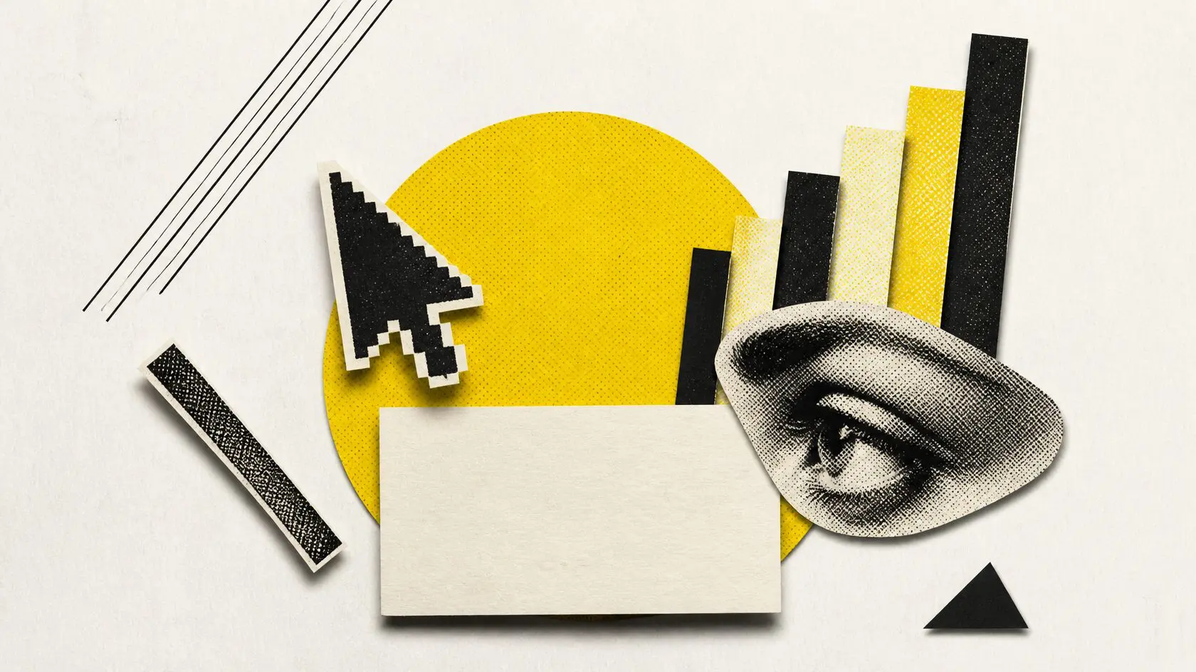 A cursor hovers over a card without clicking as an eye looks on beside rising bars, on cream.