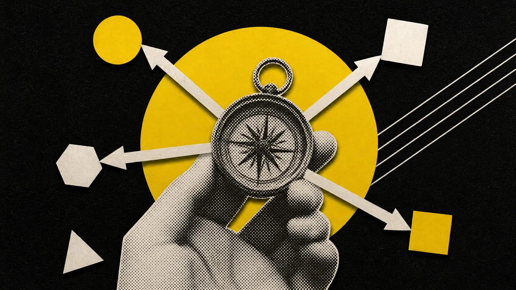 A hand holds a compass with arrows pointing four ways to different shapes, on black.