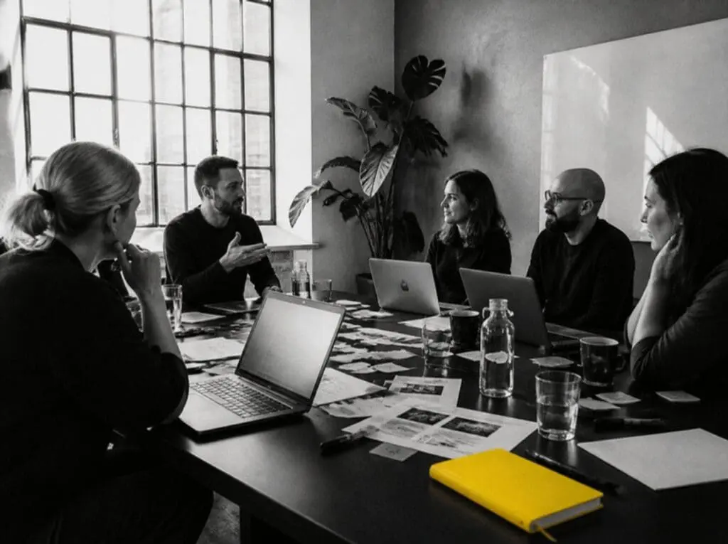 Black and white photo of an agency team in a working session with a client around a meeting table