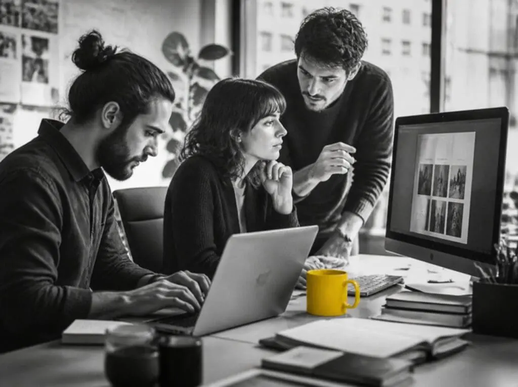 Three people working together at a desk on laptops and a large monitor