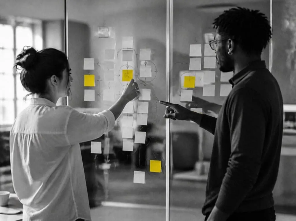 Two strategists mapping customer questions with sticky notes on a glass wall