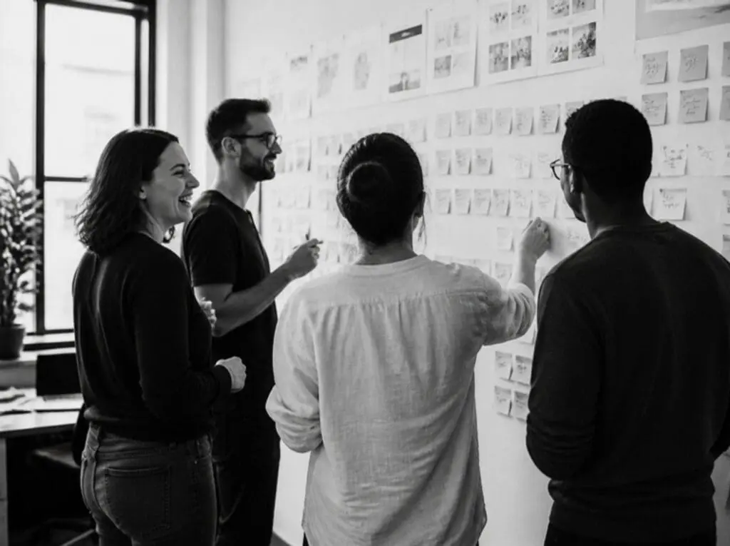 A team sorting sticky notes into columns on a studio wall during a planning session